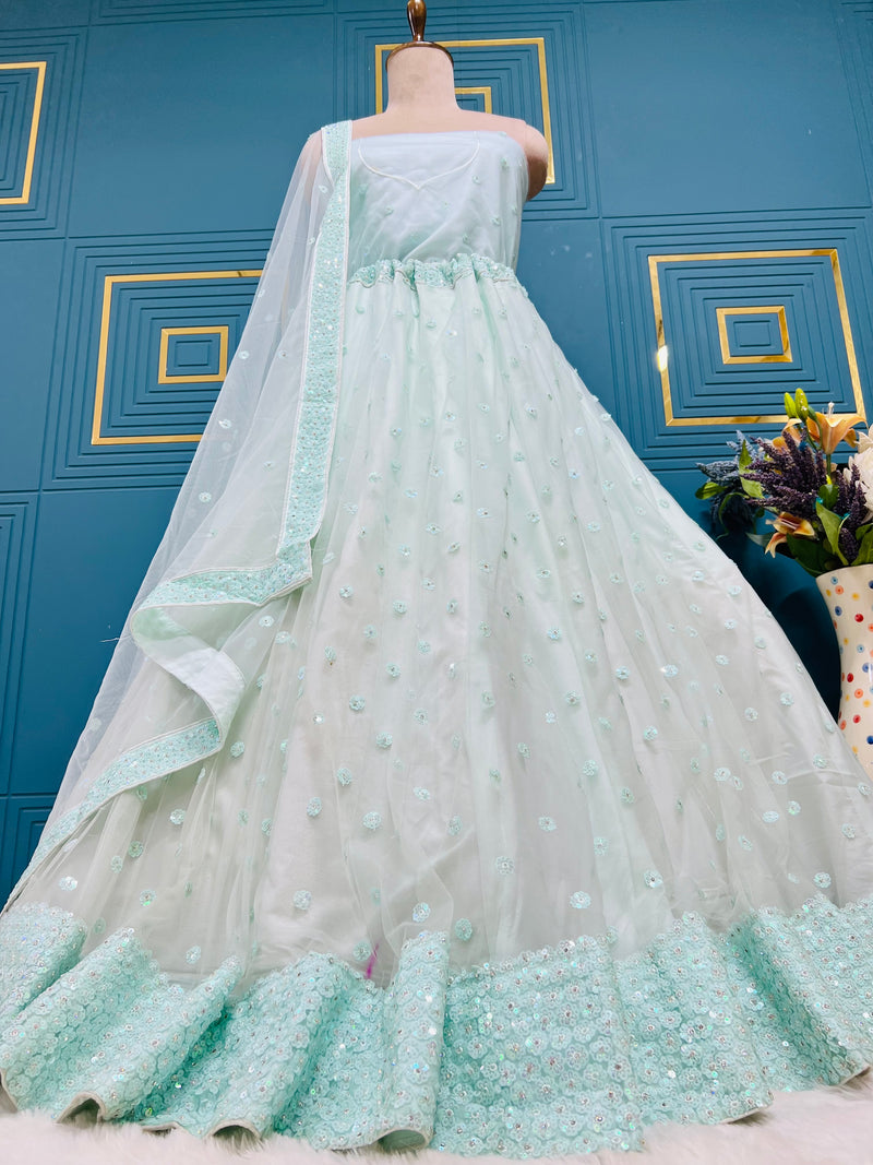 Ethereal Aqua Blue Net Lehenga Choli with Sequin & Thread Borders
