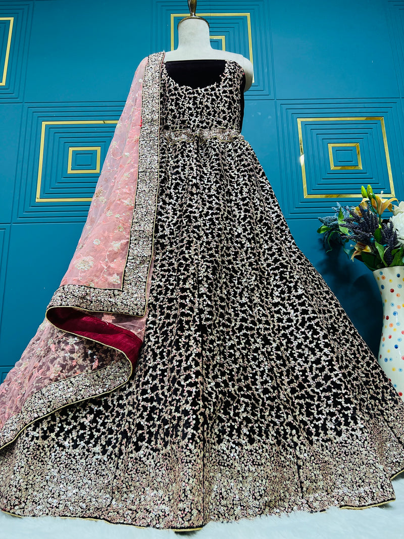 Glamorous Black Velvet Lehenga Choli with Dazzling Sequin Embroidery