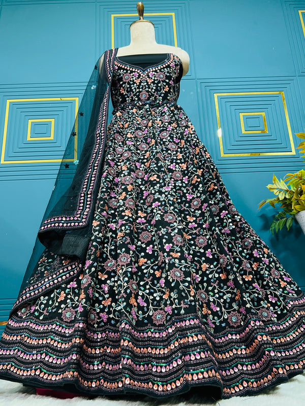 Chic Black Net Lehenga Choli with Multi-Color Floral Embroidery