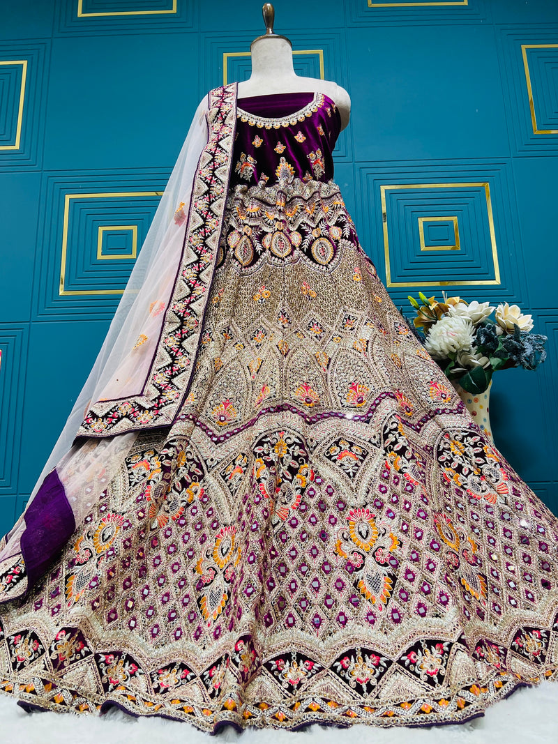 Regal Deep Plum Velvet & Zari Embroidered Lehenga Set