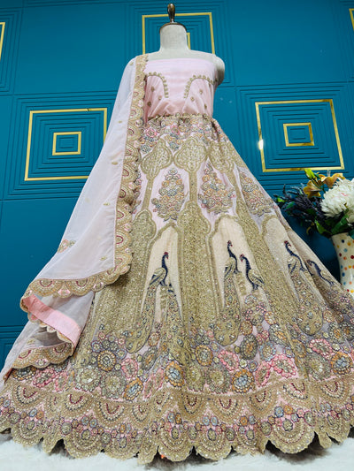 Elegant Cream & Gold Peacock Motif Embroidered Lehenga Choli