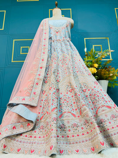 Elegant Aqua Blue Embroidered Lehenga with Floral Motifs & Pink Dupatta