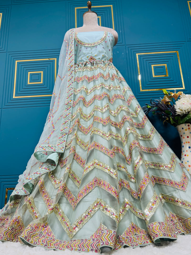 Chic Mint Green Chevron Sequin Lehenga for Festive Occasions