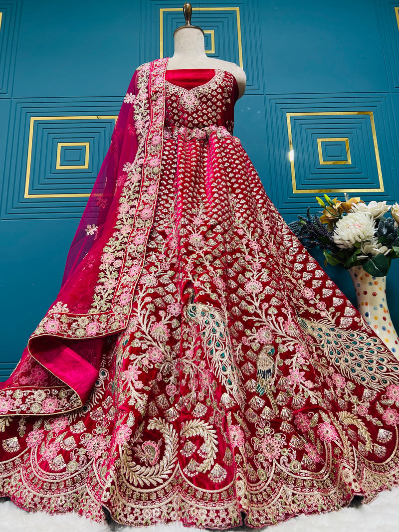 Luxurious Maroon Velvet Lehenga with Heavy Gold Peacock Embroidery