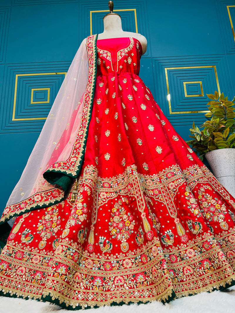 Striking Scarlet Red Lehenga with Rich Gold Zari & Green Border
