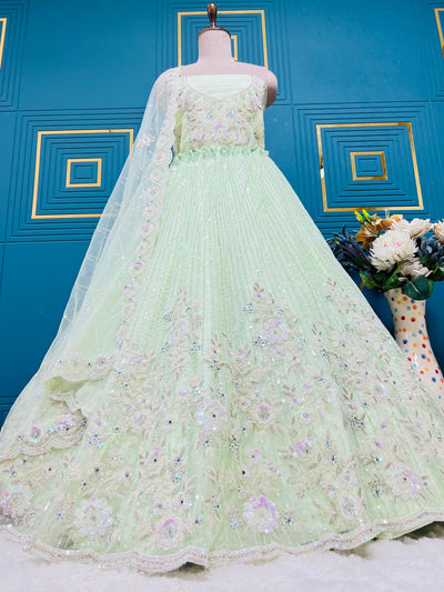 Delicate Mint Green Pleated Lehenga with Sequin & Thread Work