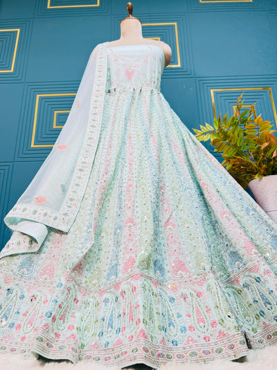 Charming Aqua Blue Floral Lehenga with Pastel Embroidery