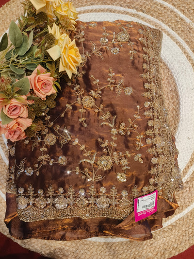 Elegant Copper Brown Saree with Golden Floral Embroidery & Sequins