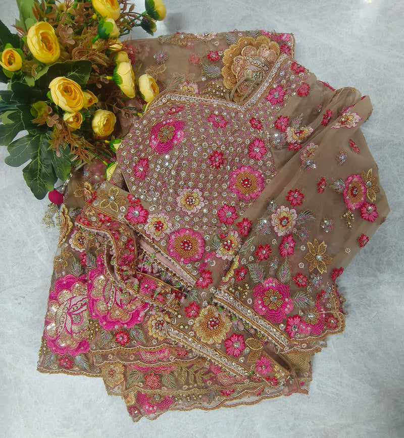 Exquisite Golden Brown Net Saree with Intricate Pink Floral Embroidery