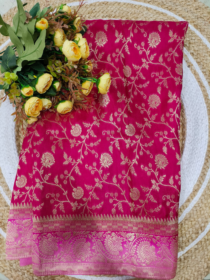 Classic Ruby Red Fancy Saree with All-Over Golden Zari Floral Weave