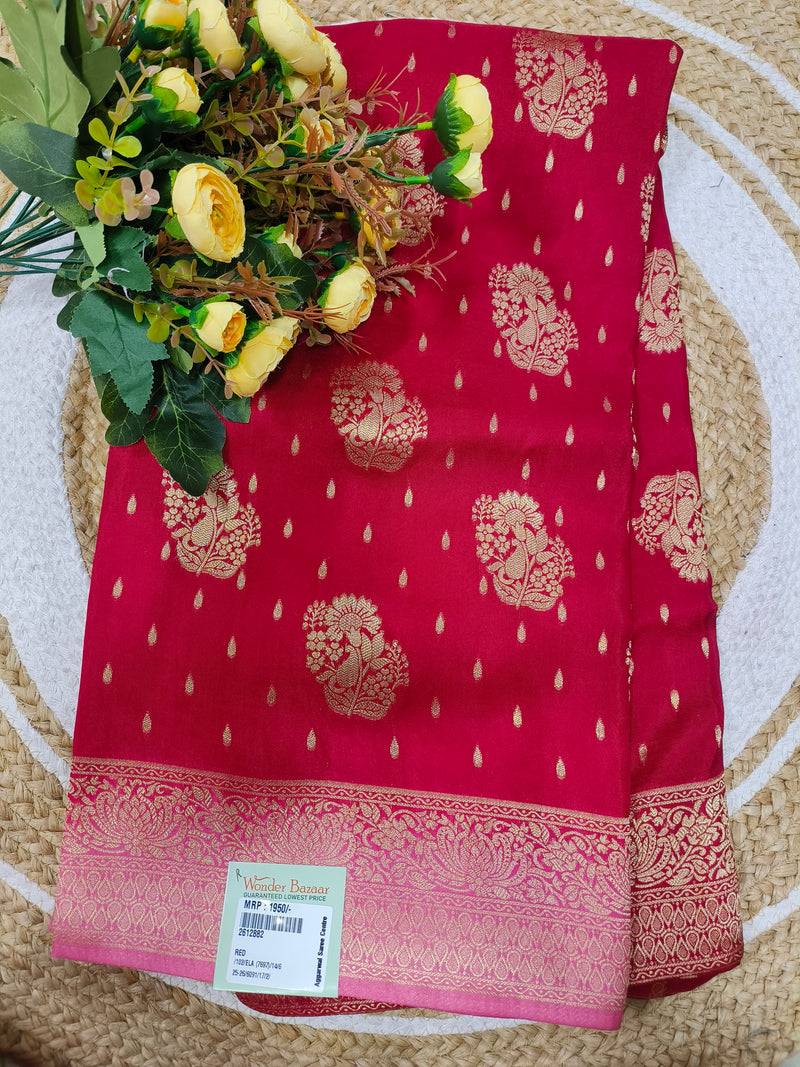 Classic Ruby Red Fancy Saree with All-Over Golden Zari Floral Weave