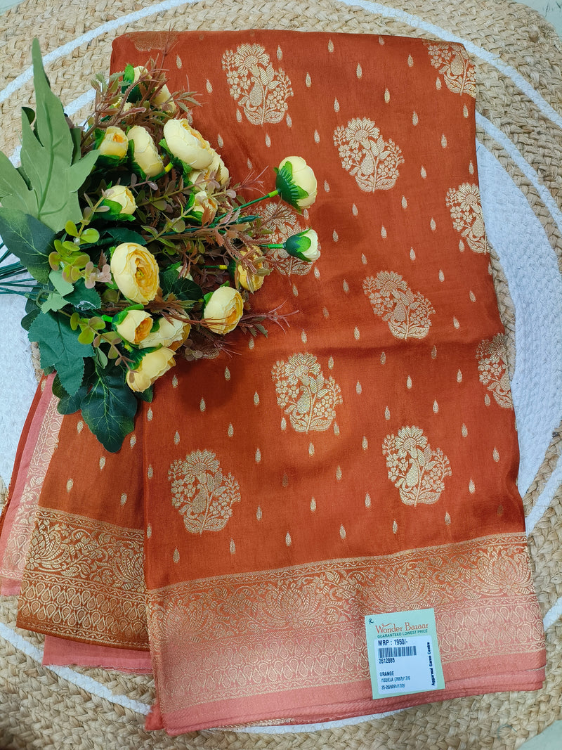 Classic Ruby Red Fancy Saree with All-Over Golden Zari Floral Weave