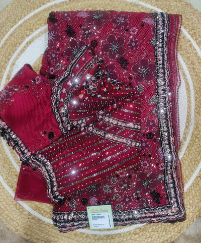 Opulent Maroon Net Saree with Heavy Sequin & Beadwork Blouse Piece