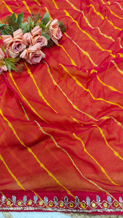 Vibrant Red Leheriya Georgette Saree with Shimmer & Mirror Work