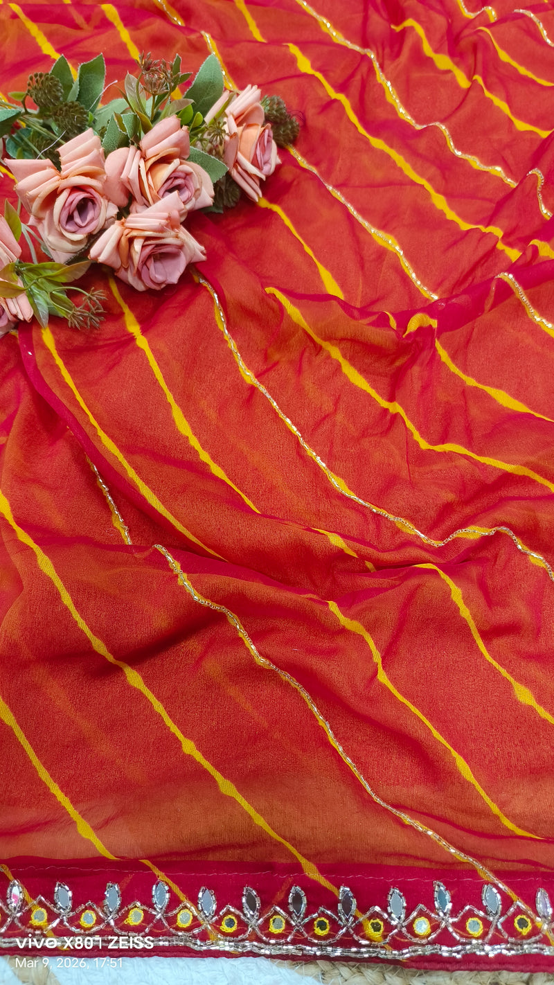 Vibrant Red Leheriya Georgette Saree with Shimmer & Mirror Work