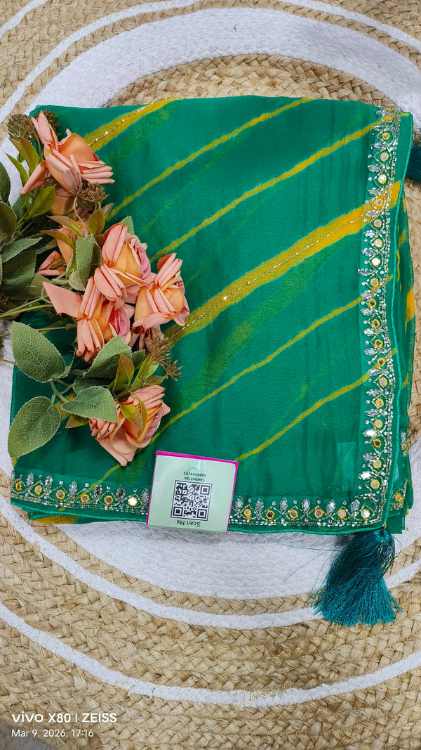 Charming Emerald Teal Leheriya Saree with Glittering Mirror Details