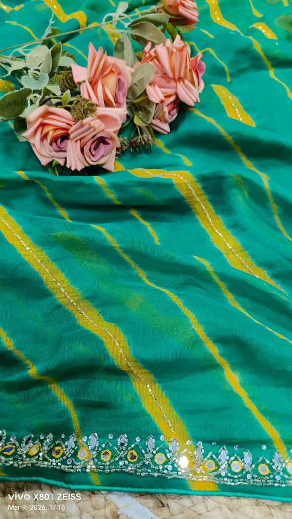 Charming Emerald Teal Leheriya Saree with Glittering Mirror Details
