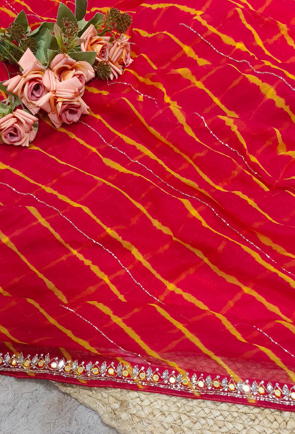 Charming Emerald Teal Leheriya Saree with Glittering Mirror Details