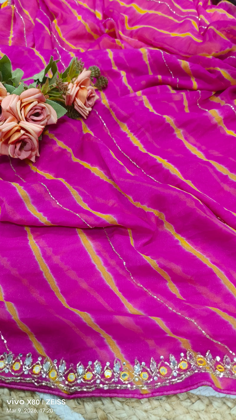 Charming Emerald Teal Leheriya Saree with Glittering Mirror Details
