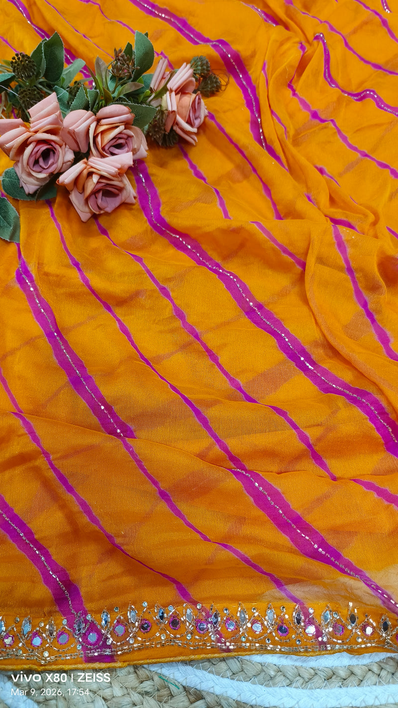 Charming Emerald Teal Leheriya Saree with Glittering Mirror Details