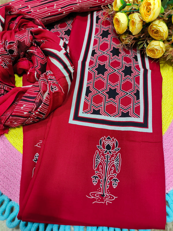 Bold Red Geometric Print Cotton Unstitched Suit Set