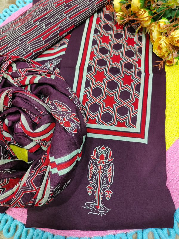 Bold Red Geometric Print Cotton Unstitched Suit Set