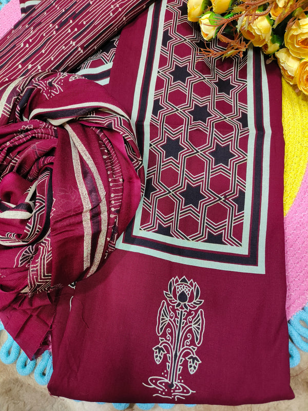 Bold Red Geometric Print Cotton Unstitched Suit Set