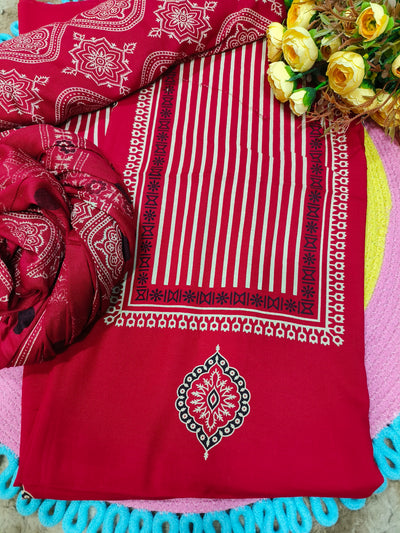 Vibrant Red Striped Cotton Unstitched Salwar Suit Set