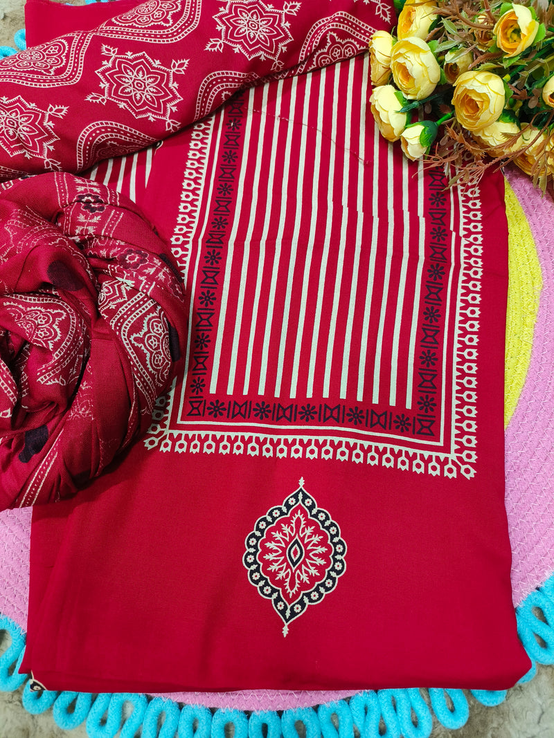 Vibrant Red Striped Cotton Unstitched Salwar Suit Set