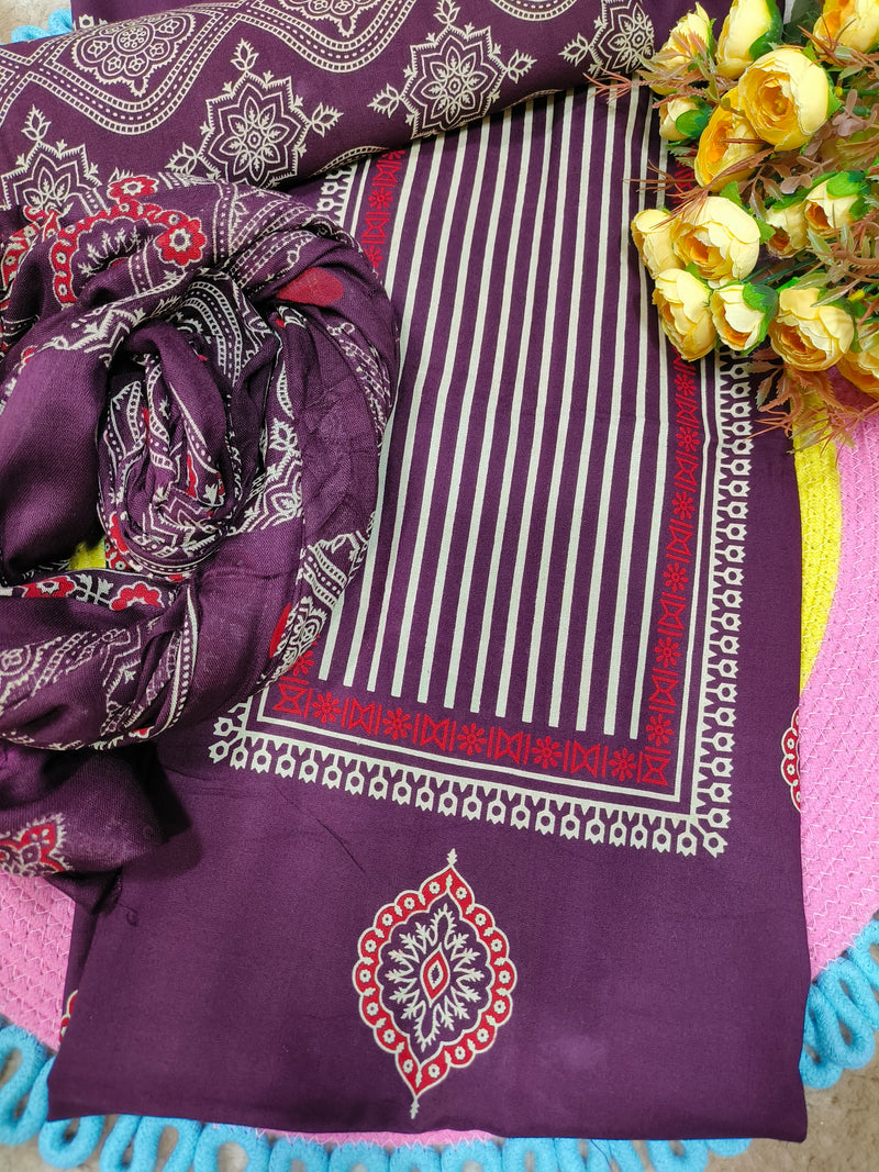 Vibrant Red Striped Cotton Unstitched Salwar Suit Set