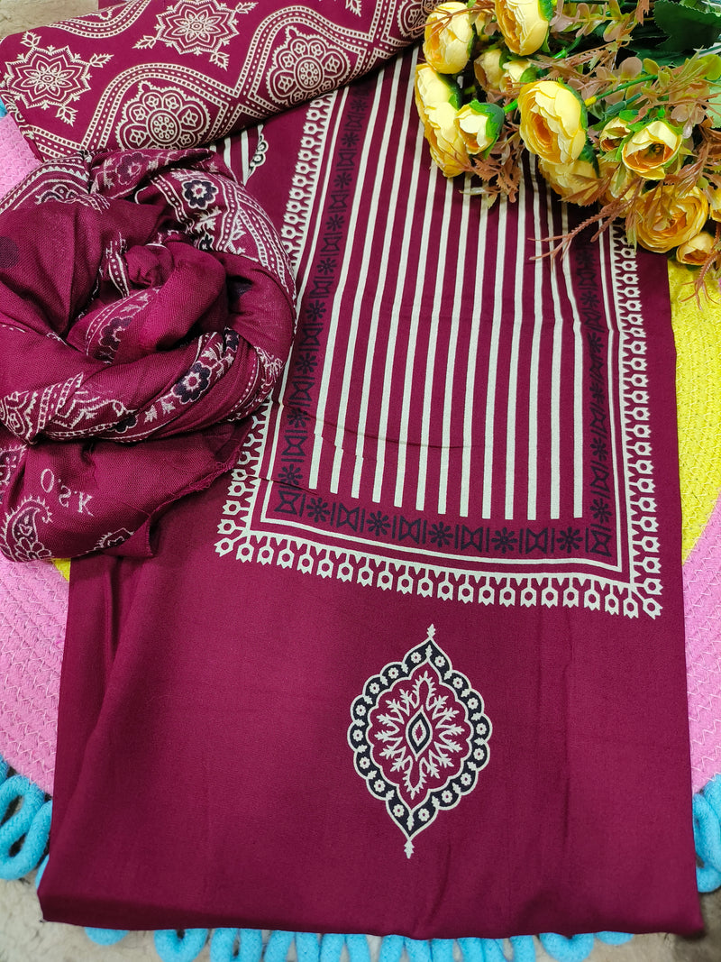 Vibrant Red Striped Cotton Unstitched Salwar Suit Set