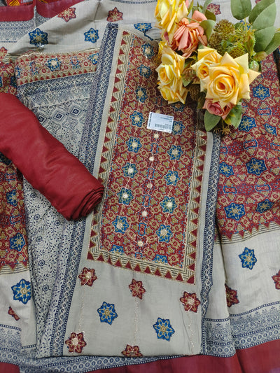 Vibrant Red Printed Cotton Suit Set with Mirror Work