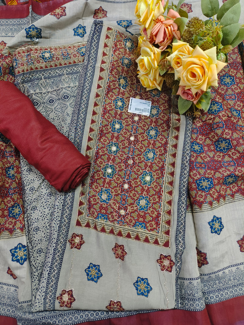 Vibrant Red Printed Cotton Suit Set with Mirror Work