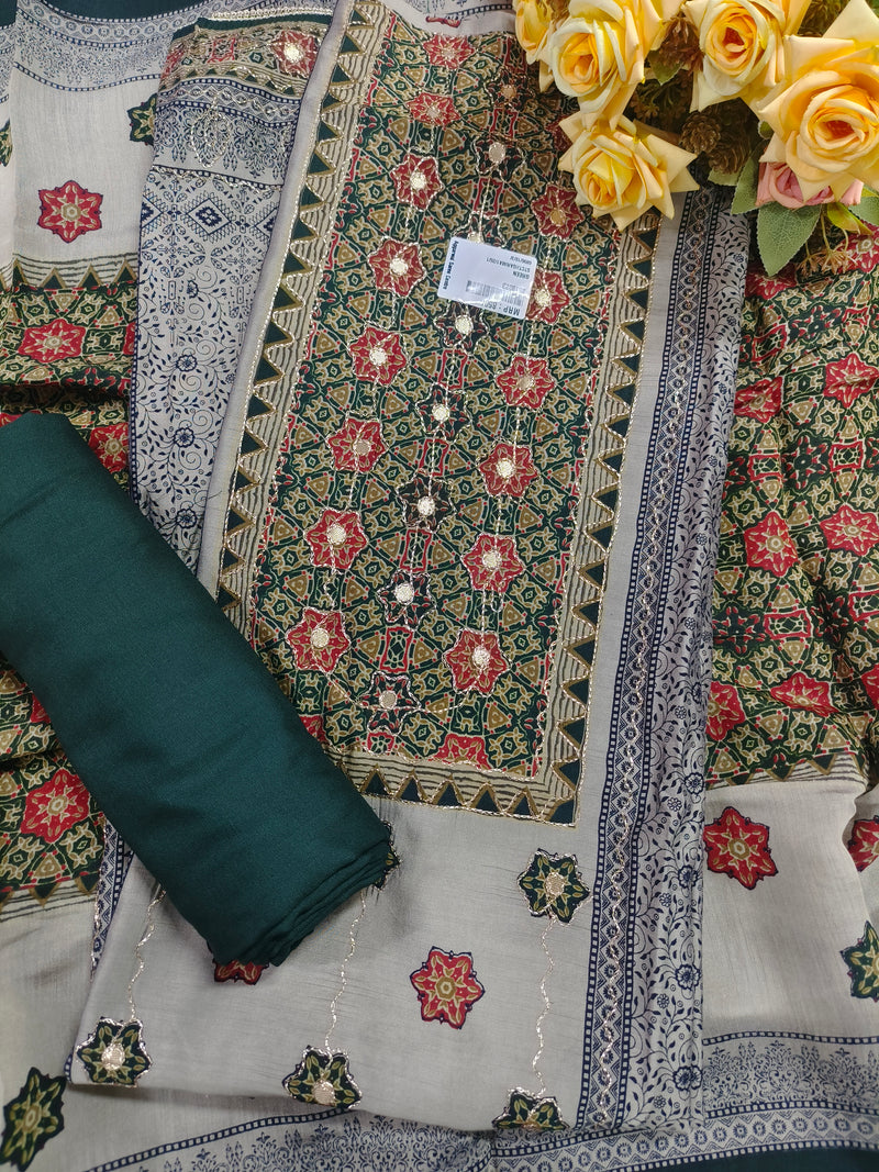 Vibrant Red Printed Cotton Suit Set with Mirror Work