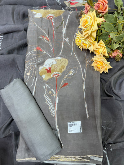 Elegant Grey Floral Print Unstitched Suit Set
