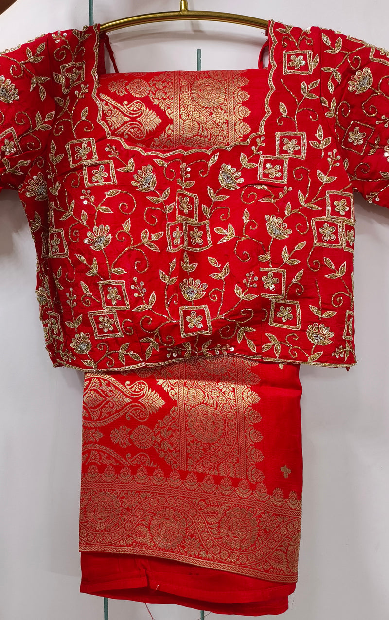 Regal Red Saree with Matching Embroidered Gold Zari Blouse Set