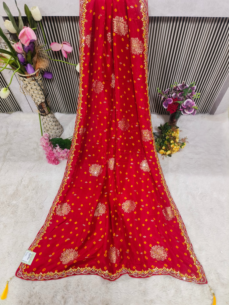 Vibrant Firozi Bandhani Saree with Gota Patti & Sequin Embellishments