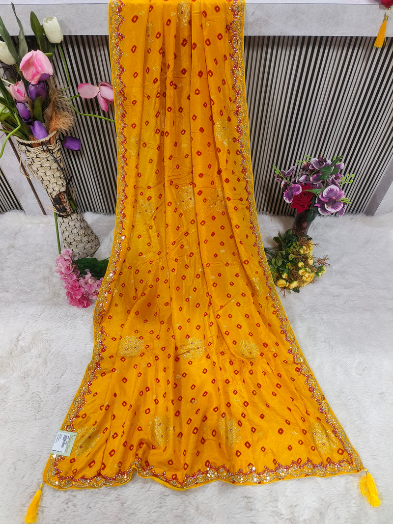 Vibrant Firozi Bandhani Saree with Gota Patti & Sequin Embellishments