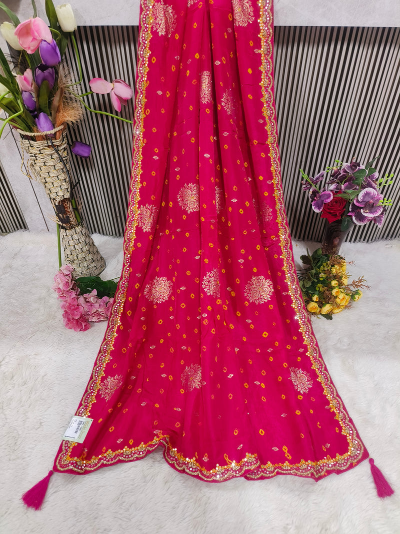 Vibrant Firozi Bandhani Saree with Gota Patti & Sequin Embellishments