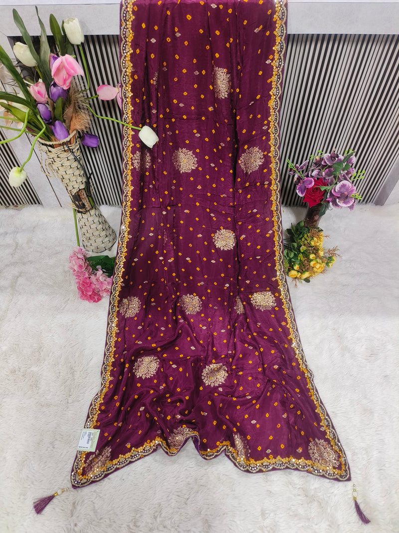 Vibrant Firozi Bandhani Saree with Gota Patti & Sequin Embellishments