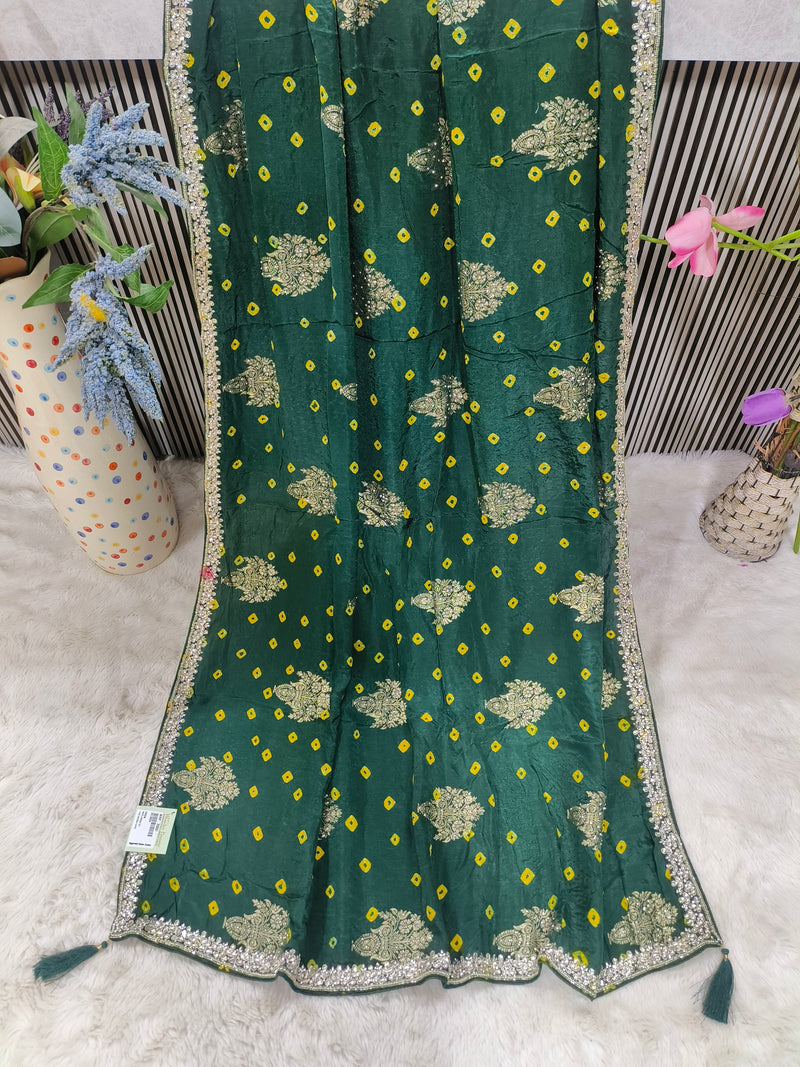 Traditional Green Bandhej Saree with Zari Border & Prints