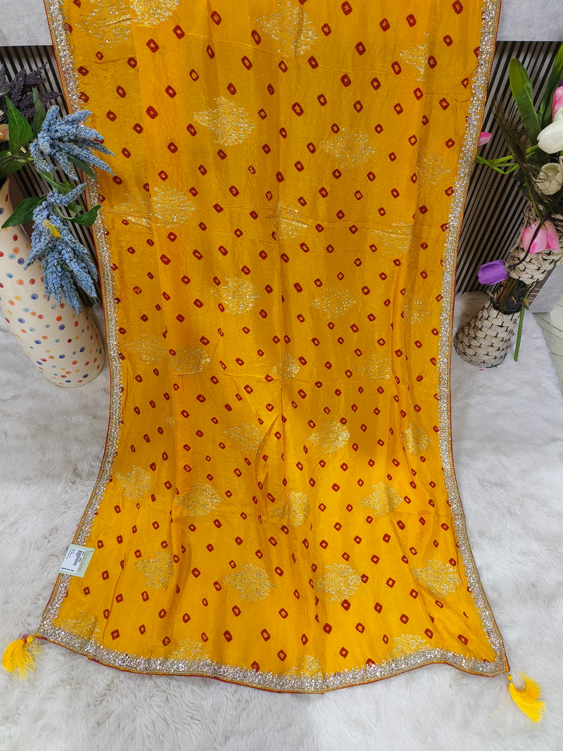 Traditional Green Bandhej Saree with Zari Border & Prints