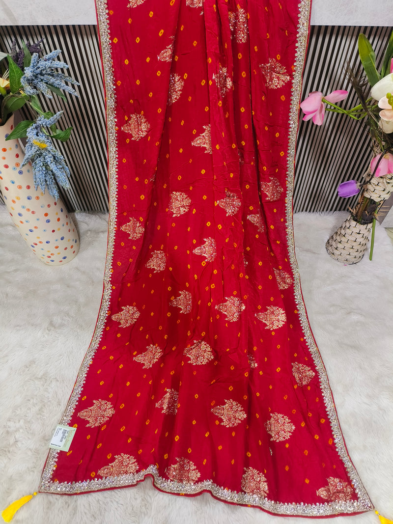 Traditional Green Bandhej Saree with Zari Border & Prints