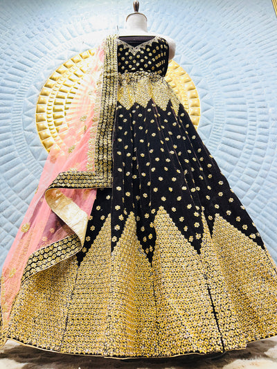 Opulent Black Velvet Bridal Lehenga with Golden Zari & Pink Dupatta