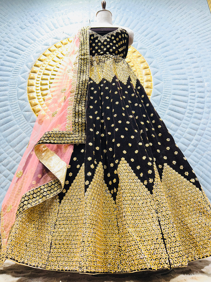 Opulent Black Velvet Bridal Lehenga with Golden Zari & Pink Dupatta