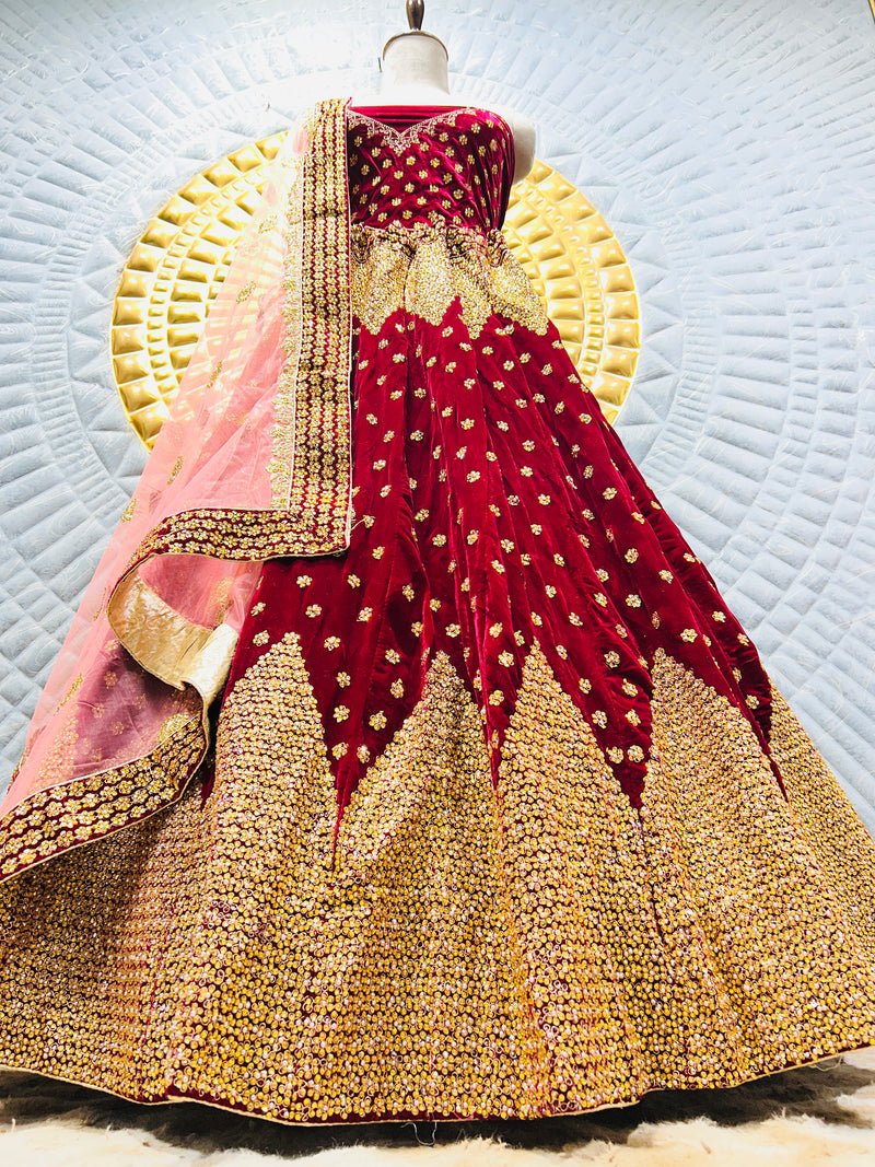 Opulent Black Velvet Bridal Lehenga with Golden Zari & Pink Dupatta