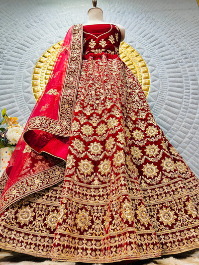 Crimson Red Velvet Bridal Lehenga with Grand Gold Embroidery