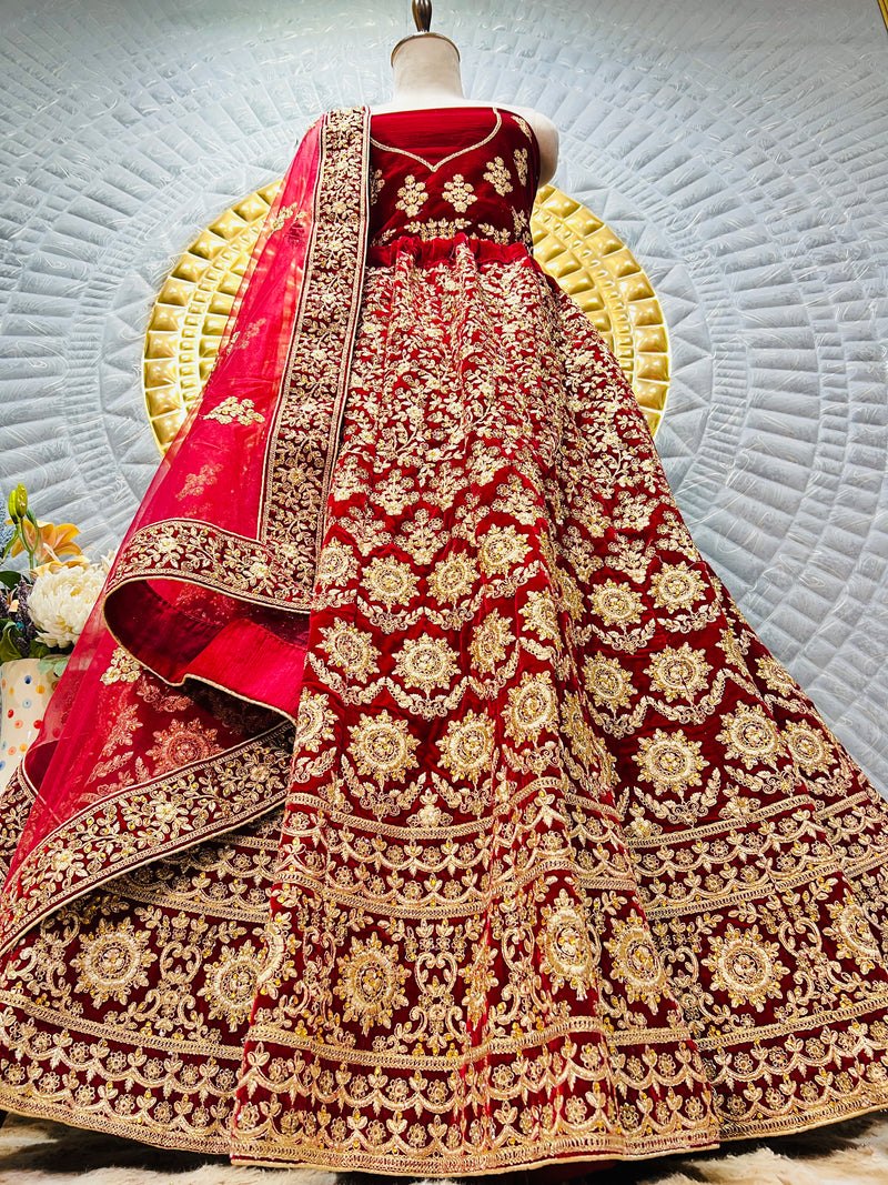 Crimson Red Velvet Bridal Lehenga with Grand Gold Embroidery