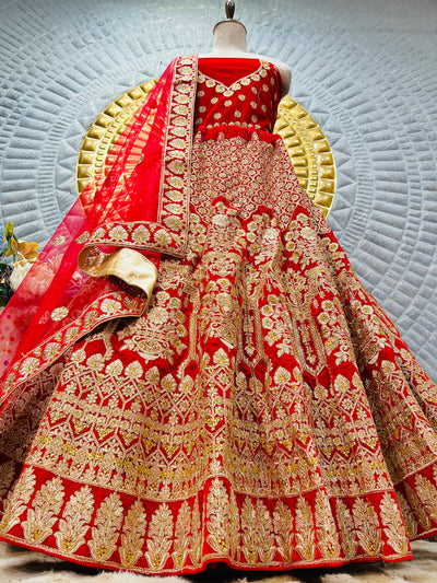 Deep Red Bridal Lehenga with Gold Zari & Mirror Embellishments