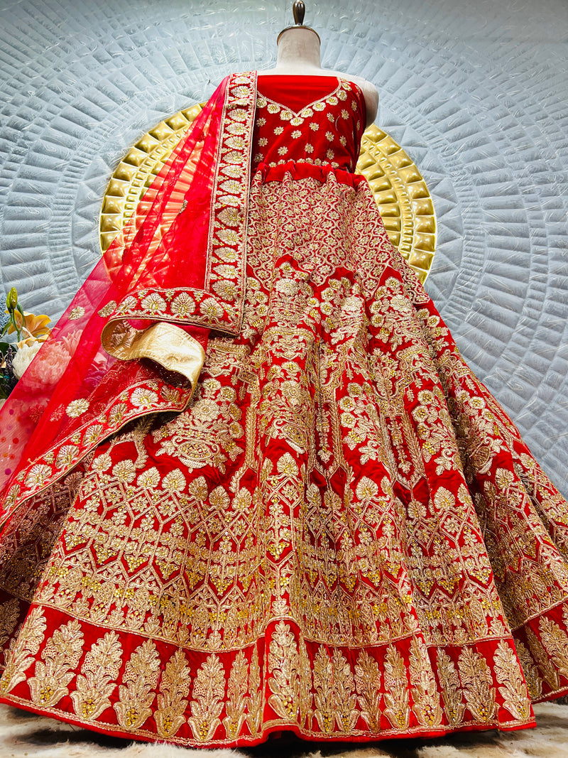Deep Red Bridal Lehenga with Gold Zari & Mirror Embellishments